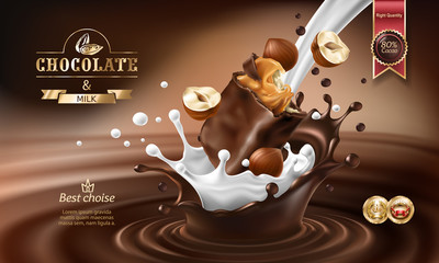 Vector 3D realistic illustration, splashes of melted chocolate and milk with falling piece of chocolate bar and hazelnuts. Chocolate bar packaging design, template, advertising poster for promotion