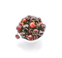 Healthy Cherries in white bowl. Fresh cherries isolated on white background.