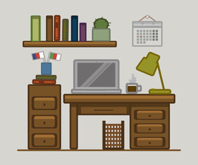 Vector drawn poster of home office space. Language learning. Table, laptop, lamp, calendar, coffee, books, cacti, flags, bookshelf