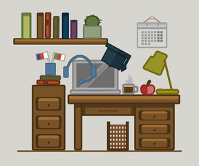 Vector drawn poster of home office space. Language learning. Table, laptop, lamp, calendar, coffee, books, cacti, flags, bookshelf
