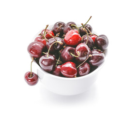 Healthy Cherries in white bowl. Fresh cherries isolated on white background.