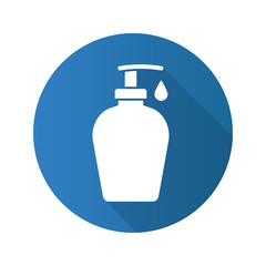 Liquid soap bottle with drop. Flat design long shadow icon