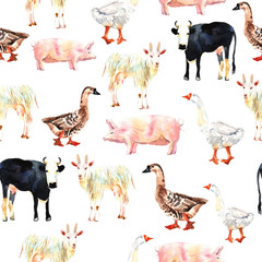 Obraz premium Farm animal seamless pattern drawing in watercolor. Cow, duck, g