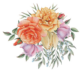 Hand painted watercolor charming combination of Flowers and Leaves, isolated on white background