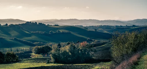 Fototapeten Schatten auf den weichen Hügeln zwischen Emilia Romagna e Marche, Italien. © GiorgioMorara
