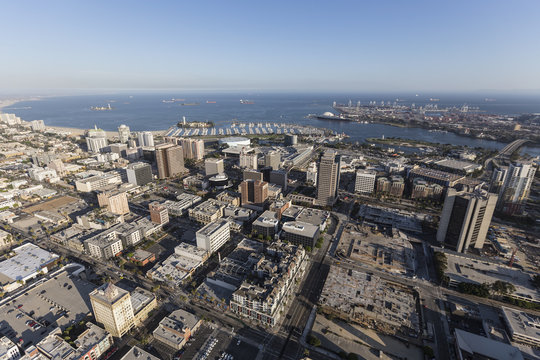 Aerial view of downtown streets and buildings in Long Beach, California.   