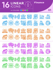 Unique linear icons set of finance, banking. With different colors suitable for banners and other types