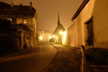 Chapel on a foggy winter evening in Fribourg