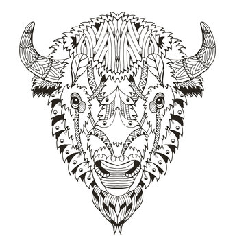 American buffalo head zentangle stylized, vector, illustration, pattern. Anti stress coloring book for adults and kids.