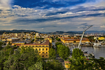 Fototapeta premium Italy. La Spezia, the capital city of the provinze of La Spezia - panorama of the city with military and commercial harbours