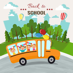 Welcome back to school vector illustration. School bus with kids.