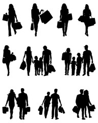 Black silhouettes of shopping on a white background