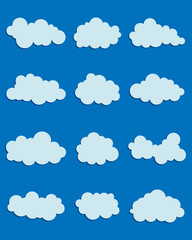 Set of various clouds on blue background