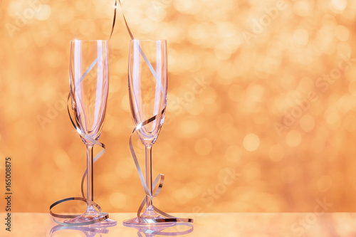 Two Champagne Glasses Wrapped With Ribbon As A Decoration Stock