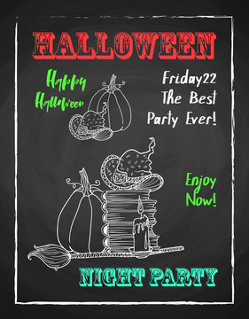 Happy halloween chalk poster for party. Textured blackboard and witch accessories. Pumpkin, hat, stack of books, broom and candle.Template for advertising design.