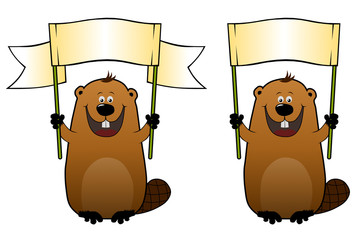Funny cartoon beaver with blank gradientbillboard in his hands © beadrobin