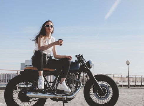 Fototapeta Biker woman on motorcycle