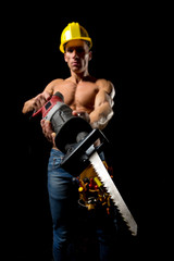 fit shirtless worker with tools