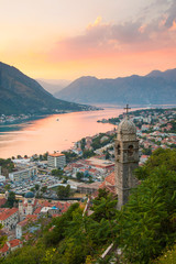 View of old church in St. John's Fortress and Bay of Kotor or Boka Kotorska on background in...