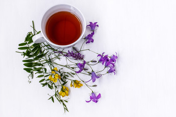 Fototapeta na wymiar Cup of black tea with wild medicinal flowers on a white background
