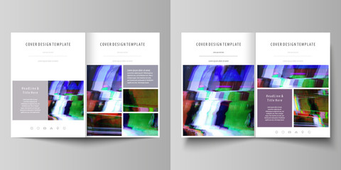 Business templates for bi fold brochure, flyer. Cover design template, abstract vector layout in A4 size. Glitched background, colorful pixel mosaic. Digital decay, signal error, television fail.