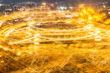 Abstract Budapest Panorama with parliament and bridges with many yellow light trails. Abstract image