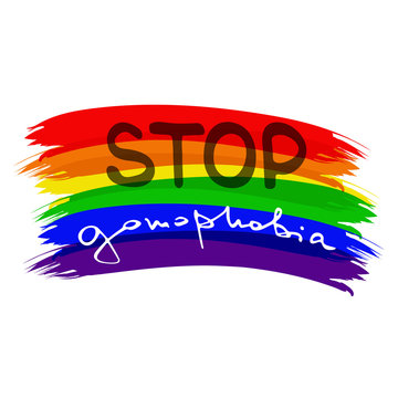 Low poly rainbow .  Handwritten text Stop gomophobia.  Unconventional sexual orientation for LGBT gay and lesbian parade. Geometric polygonal vector