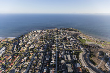 Aerial view of the San Pedro streets and the Pacific Ocean in Los Angeles, California.