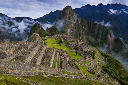 View of Machu Picchu and the surrounding mountains above the Sacred Valley, in Peru, South America