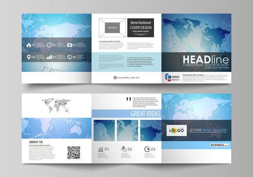 The abstract minimalistic vector illustration of the editable layout. Two creative covers design templates for square brochure. World map on blue, geometric technology design, polygonal texture.