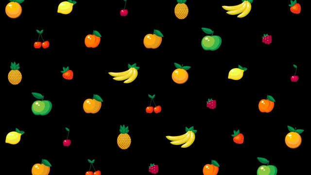 A set of pineapple fruits, apple, apricot, peach, cherry, cherry, raspberry, Lemon, orange, banana. Badges, stickers. Flat design . Cartoon, video, animation.Alpha