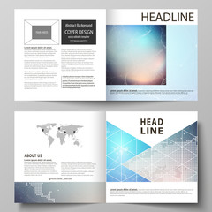 The vector illustration of the editable layout of two covers templates for square design bi fold brochure, magazine, flyer, booklet. Molecule structure. Science, technology concept. Polygonal design.