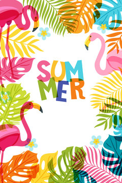 Vector banner, poster, frame with flamingo and multicolor palm leaves. Hand drawn doodle illustration. Summer tropical background.