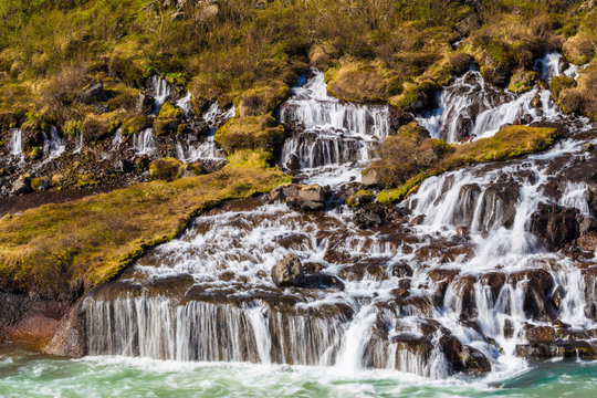 Closeup of Hraunfossar and Barnafossar waterfalls in Iceland