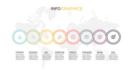 Business infographics. Presentation with 8 options, circles. Thin line vector template.