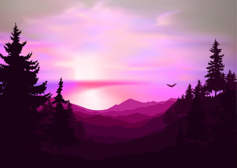 Nature background of mountains panorama. Colorful sunset in wild valley. Windy sky.  Pink and violet tones.