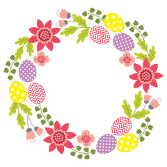 Vector Easter Wreath with Eggs and Flowers.