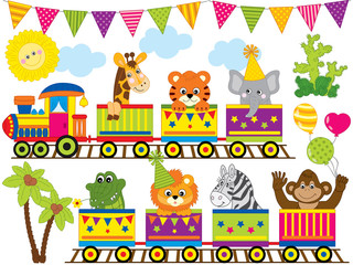 Fototapeta premium Vector Safari Animals Travelling in the Train. 