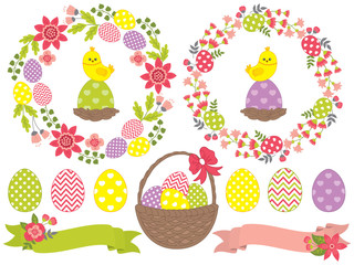 Vector Easter Set with Wreath, Chicken and Eggs.