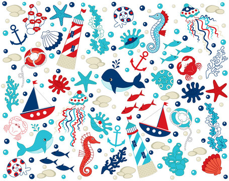 Vector Nautical Set with Various Sea Elements. 