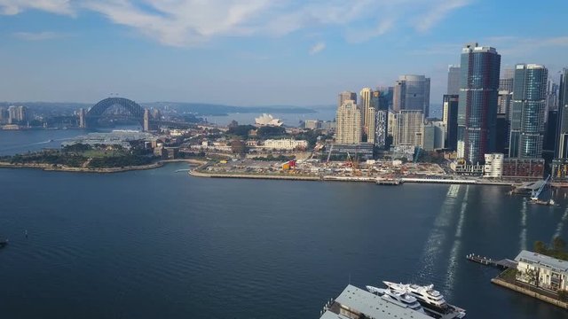 4k panning aerial video of Darling Harbour and Sydney Harbour Bridge