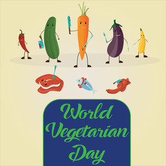 World Vegetarian Day, 1 October. Vegetables killing down meat conceptual illustration vector.