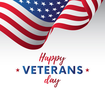 USA flag vector illustration with Happy Veterans Day lettering. November 11. Celebration poster with stars and stripes. Greeting card. Vector illustration.