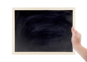 hands holding blackboard on a white background, blackboard for writing for advert, clipping part