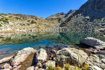 Panorama of lake with clear waters, Rila Mountain, Bulgaria