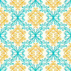 Curly thin line damask seamless pattern. Infinity background, floral ornament. Vector illustration.
