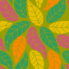 Colorful tropical leaves seamless pattern. Floral background with curly tree foliage. Vector illustration.