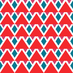 Bright red, blue, white seamless abstract background with triangles, rhombuses. Infinity tribal geometric pattern. Vector illustration. 