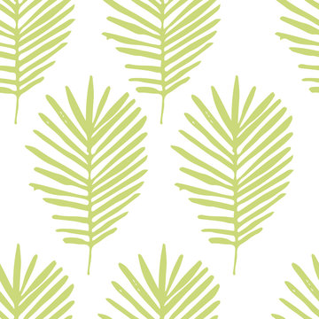 Tropical background with green hand drawn palm leaves on white. Tropic seamless pattern. Vector.