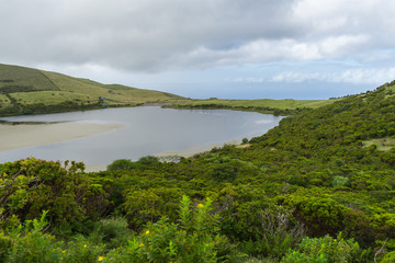 Fototapeta na wymiar Cloudy azoren landscape with lake, Pico Island, Azores
